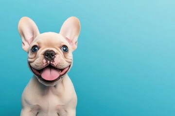 Cute French Bulldog Puppy Smiling on Blue Background