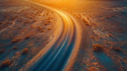 Fototapeta premium asphalt road in the desert at sunset. View from above.