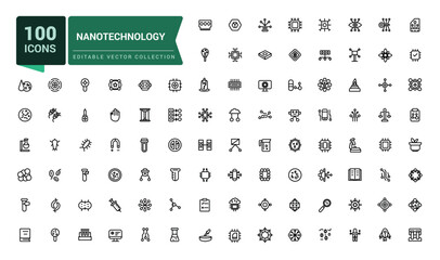 Nanotechnology icon set. Sign and symbols in science with elements. Pixel perfect, minimalistic web and UI icon. Outline icon collections.