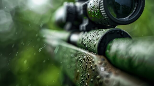  A tight shot of a verdant rifle, raindrops pearling on its lens, backdrop of trees blurred