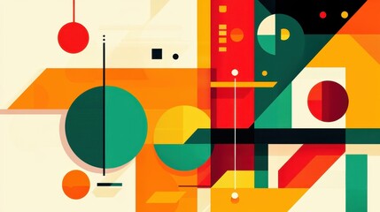 Vivid geometric patterns in orange, yellow, green, and red create a playful and dynamic abstract design for modern spaces.