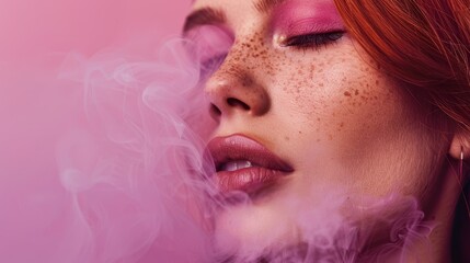 Fototapeta premium A tight shot of a woman with red hair and freckles dotting her face, accompanied by wisps of smoke escaping her piercing eyes