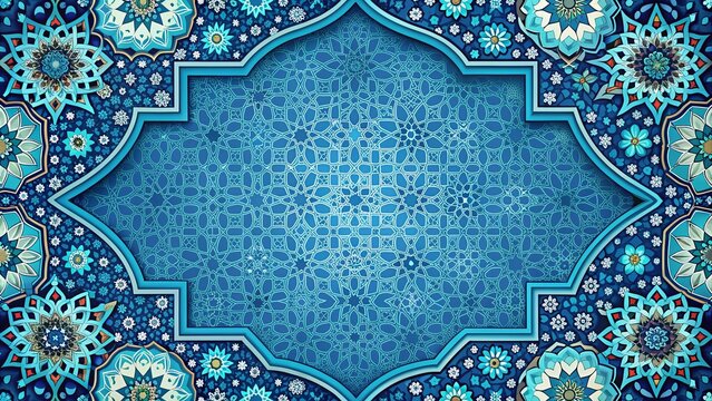 Abstract Islamic motifs in blue tones with floral patterns on a decorative background