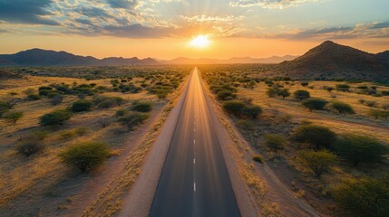 Fototapeta premium asphalt road in the desert at sunset. View from above.