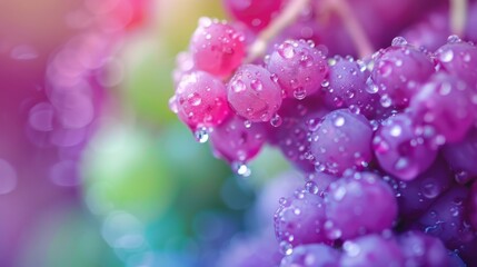  A tight shot of a cluster of grapes with dewdrops on the leaves and slightly blurred vine background
