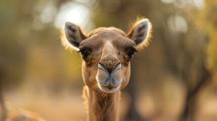 Fototapeta premium A tight shot of a giraffe's face with trees in the background