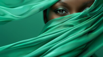 Naklejka premium A woman's face, tightly framed Green scarf draped over her head Brown eyes piercing the scene