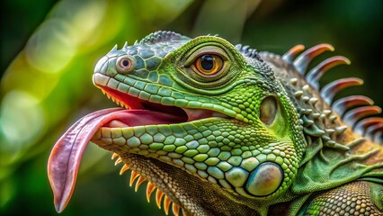 Obraz premium A close-up shot of a green iguana's long, slender tongue darting in and out of its scaly mouth, showcasing its remarkable speed and agility.