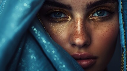  A tight shot of a woman's face, adorned with freckles, and a blue shawl covering her head