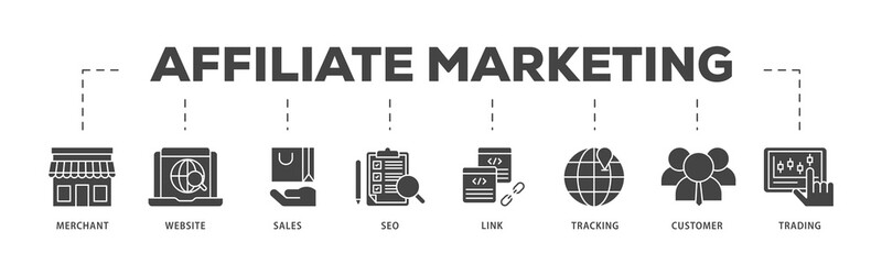 Affiliate marketing icons process structure web banner illustration of trading, seo, tracking, customer, link, sales, website, merchant icon png transparent background.