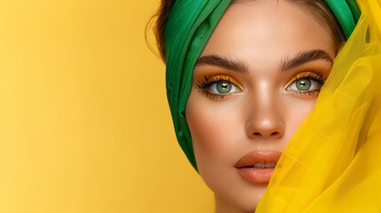  A close-up of a woman wearing a yellow scarf and applying green eyeshadow