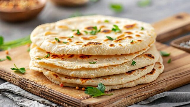 Freshly baked naan bread stacked on a wooden board, garnished with herbs