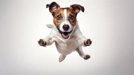 Jack Russell Terrier jumping in the air on white background. Isolate. National dog day, international pet day, national puppy day.
