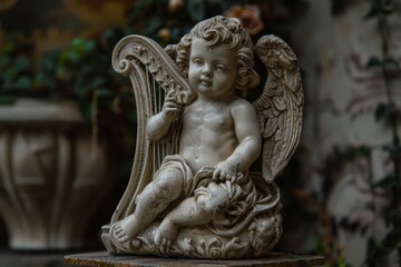 A delicate statue of a baby playing a harp, showcasing intricate details and a serene expression, A small cherub playing with a tiny harp, AI generated