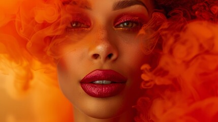 Fototapeta premium Close-up of woman's face with red smoke emanating, against yellow backdrop