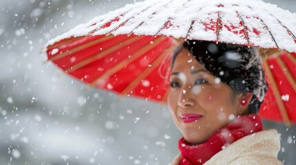  A woman in a red and white umbrella, donning a red scarf, stands in the snow, shielded under the red canopy