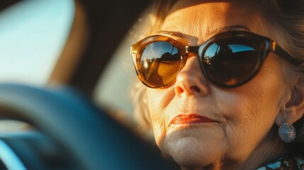 A confident senior woman joyfully drives her car in stylish sunglasses. Elderly woman drive car