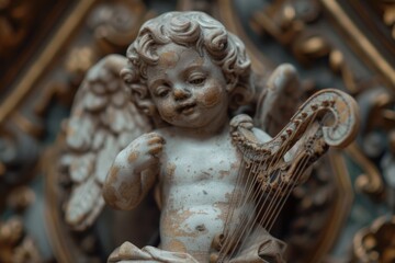 Fototapeta premium A delicate statue of a baby playing a harp, showcasing intricate details and a serene expression, A small cherub playing with a tiny harp, AI generated