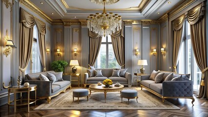 Silky gray curtains adorned with gold accents evoke a luxurious and refined atmosphere, exuding sophistication and elegance.