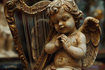 Fototapeta premium A charming statue depicting a baby holding a harp, capturing innocence and musicality in a graceful design, A small cherub playing with a tiny harp, AI generated