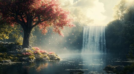 Fototapeta premium A majestic waterfall cascades down a rocky cliff, creating a serene pool of water at its base.
