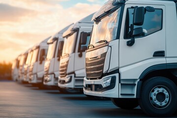 Close-up view of a fleet of trucks lined up at a warehouse, set to deliver factory goods
