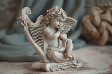 An artistic representation of a baby with a harp, highlighting the beauty of childhood and the joy of music, A small cherub playing with a tiny harp, AI generated