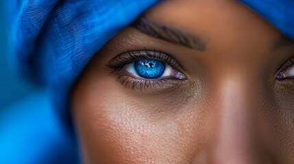  A woman's face, closely framed Blue scarf draped over her head Blue eyeshade shielding her gaze - Powered by Adobe