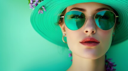  A women in a green hat adorned with flowers, wears sunglasses, against a lush green background