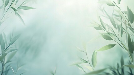 Obraz premium Dreamy Green Branches: A soft, ethereal image of green branches emerging from a misty background, with a gentle glow of light. 
