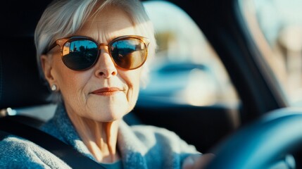 A confident senior woman joyfully drives her car in stylish sunglasses. Elderly woman drive car