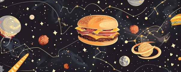 Artistic illustration of a burger floating in space
