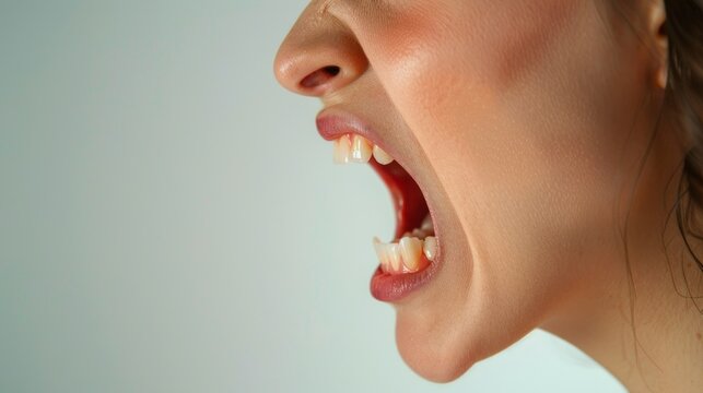 The intensity of a woman's expression as she holds her mouth open, conveying strong emotions in a striking profile view. The neutral background emphasizes her features