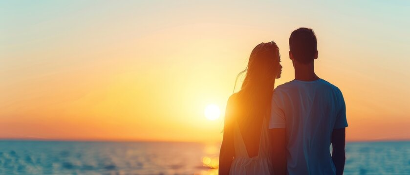  A man and a woman stand side by side on a sandy beach as the sun sets, its orange and red hues painting the sky behind them