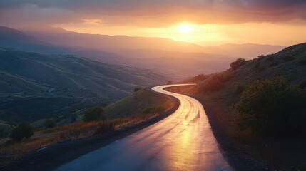 photo of a narrow winding asphalt wet road in a mountainous area at sunset. Top view.