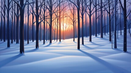 Serene Winter Sunrise in a Snow-Covered Forest with Bare Trees and Soft Light