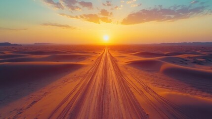 road covered with sand in the desert at sunset. Top view.