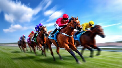 A group of horses are racing on a track with jockeys in colorful outfits. The horses are all running at different speeds, with one horse in the lead. The scene is dynamic and exciting, with the horses
