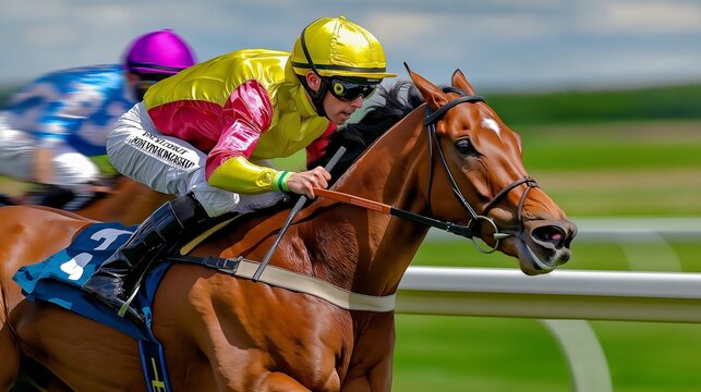 A horse is running in a race with a jockey wearing a yellow helmet. The horse is wearing a blue number 23 on its back