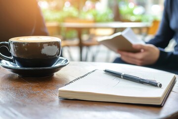 A coach and a business owner sit in a café, reviewing a business plan with a notebook and coffee cups The setting is casual and insightful