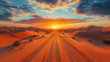 Fototapeta premium road covered with sand in the desert at sunset. Top view.