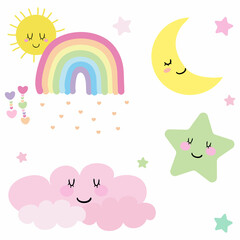 Illustration with cute handwritten clouds, stars and rainbows. cute sky wallpapers, backgrounds, cards, stickers