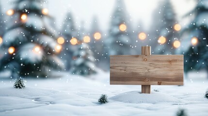 Fototapeta premium Wooden Sign in Snowy Winter Forest with Bokeh Lights and Falling Snowflakes