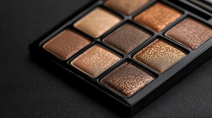 Fototapeta premium Beige brown natural Eyeshadow palette,Black plastic square case with colorful eye shadow and glitter round samples,Tool for makeup artist,Cosmetic, Beauty shop,beauty product template.