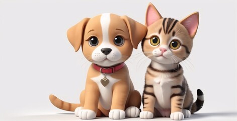 Fototapeta premium A cute cartoon dog and cat sitting side-by-side.