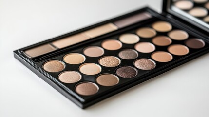 Beige brown natural Eyeshadow palette,Black plastic square case with colorful eye shadow and glitter round samples,Tool for makeup artist,Cosmetic, Beauty shop,beauty product template.