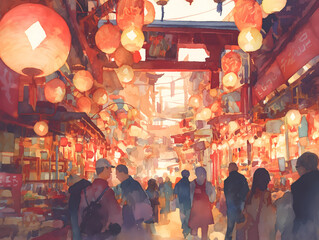 Naklejka premium 中国民俗元宵节夜晚热闹的灯会场景