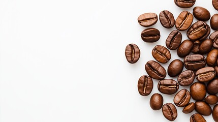 Obraz premium A close up of coffee beans on a white background. The beans are of different sizes and shapes, and they are scattered across the surface. Concept of warmth and comfort