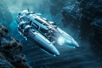 Obraz premium The moment of a space shuttle launch, with flames and smoke erupting as it ascends into the atmosphere towards space, A submersible vehicle exploring 