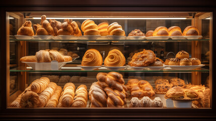 Glass display case, showcase of a bakery and confectionery shop with fresh baked goods, buns and cakes.